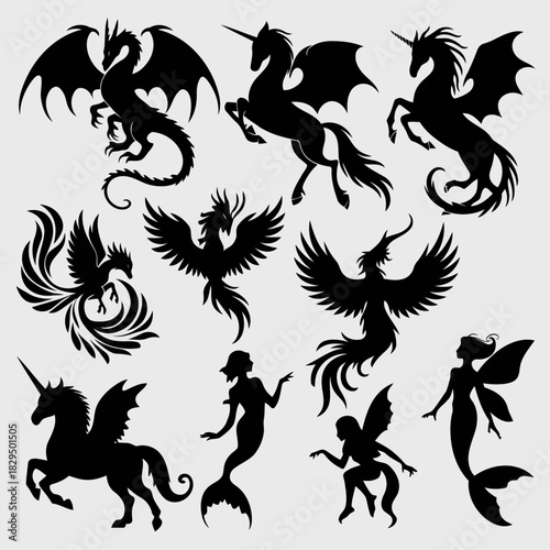 Fantasy creatures including dragons, mermaids, and winged figures in black silhouette style