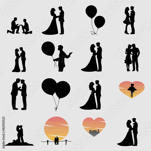 Romantic couple silhouettes in various poses with hearts and balloons on