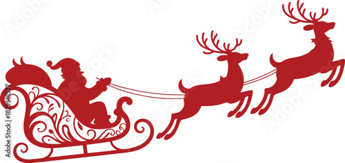 A classic red silhouette of Santa in his sleigh with two reindeer ready for Christmas