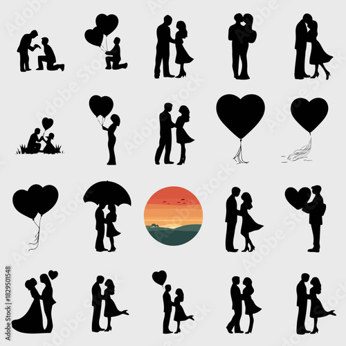Silhouettes of couples in various romantic poses with hearts and balloons on