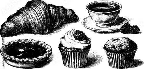 Croissant, coffee, and various desserts in a set. Antique silhouette and hand-drawn vector illustration featuring pie, muffin, and cake.