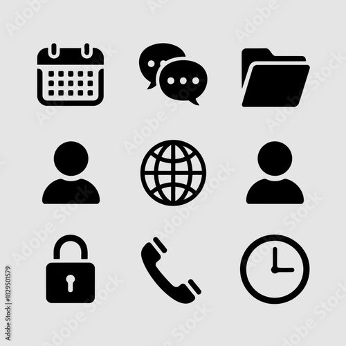 Set of nine black icons representing calendar, chat, folder, globe, user, lock, phone, clock, and file
