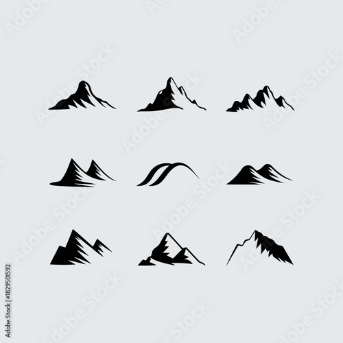 Nine stylized mountain icons in black silhouette design on