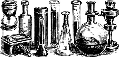 Antique engraving of a set of scientific labware. Includes bottles, flasks, and containers. Vector illustration emphasizing vintage elements.