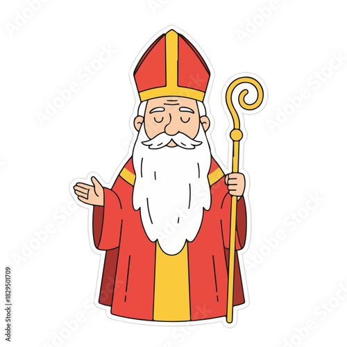 Saint Claus with a Golden Crook: A traditionally drawn image of saint standing, wearing a red robe, white beard, and holding a gold crook, symbolizing faith and wisdom.&#x20;

