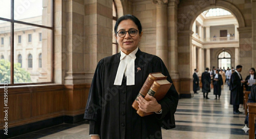 Portrait of a Confident Indian Female Lawyer Holding Law Books in a Historic Courthouse Hallway