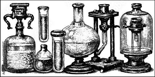 Antique engraving of scientific lab equipment. Detailed vector illustration showcasing various flasks, test tubes, and bottles in a classic set.
