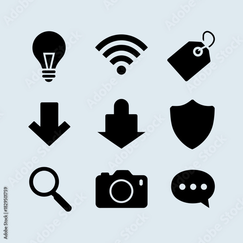 Set of nine black icons representing various concepts like ideas, downloads, security, and communication