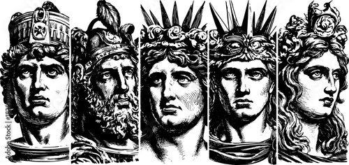 Roman faces in detailed illustration style. Classic vector set showcasing historical sculptures, emphasizing culture and tradition.