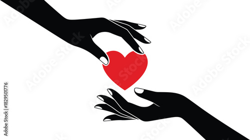 Outline hands gently presenting a solid red heart on a pure white background conveying feelings of generosity and care