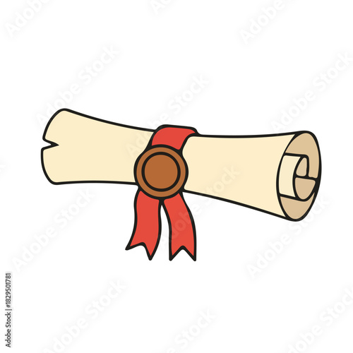 Ancient Parchment: A meticulously drawn scroll, meticulously tied with a red ribbon and sealed with a circular wax stamp, evokes a sense of history, knowledge, and academic achievement.