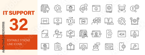 IT support icon set. Editable line icons. Vector illustration.