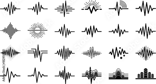 Set of Black Pulse Wave Icons Representing Sound, Music, Heartbeat, Frequency, and Digital Signals in Various Styles, Isolated Vector Collection