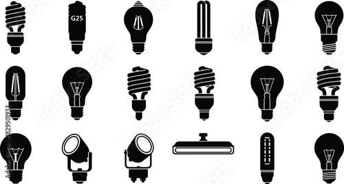 Set of Black Silhouette Light Bulb and Lighting Icons, Featuring Incandescent, CFL, Fluorescent, and Spotlights for Energy and Illumination, Isolated Vector