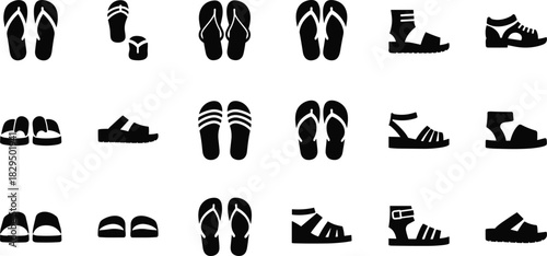 Set of Black Silhouette Casual Footwear Icons, Featuring Various Flip-Flops, Slippers, Sandals, and Beach Shoes for Summer and Home Use, Isolated Vector