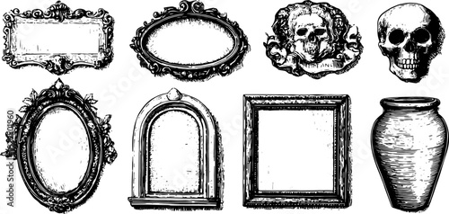 Collection of vintage frames and ornate mirrors featuring skull details and a decorative vase. Set in classic style for artistic vector illustration.