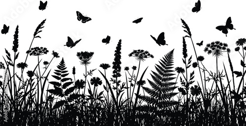 Horizontal monochrome vector silhouette of a wild summer meadow border with grass, cow parsley, ferns, wildflowers, and flying butterflies, isolated for nature banner design.
