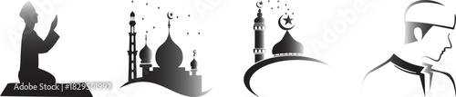 Islamic prayer and mosque silhouettes with stars muslim