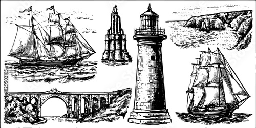 Ships and a lighthouse in a coastal scene. Classic black and white vector illustration showcasing maritime structures in a detailed set.