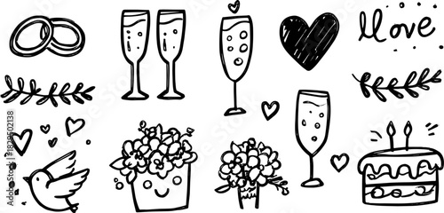 Wedding rings, champagne flutes, and a cake in a vector illustration. Floral elements and hearts create a celebratory theme in this set.