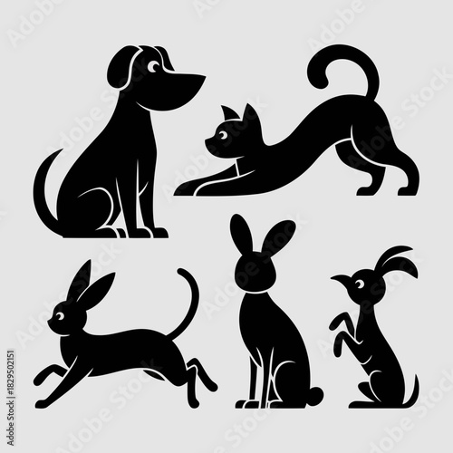 Black silhouettes of various animals including dogs, cats, and rabbits in different poses on