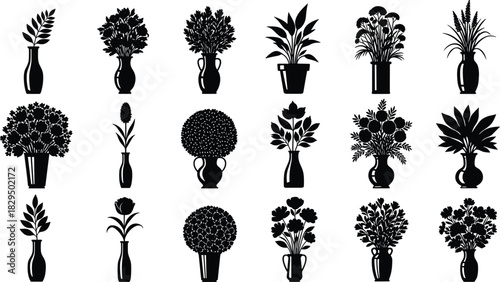 Set of Black Silhouette Vector Illustrations, Various House Plants and Floral Bouquets in Vases and Pots, Elegant Minimalist Botanical Decoration Collection
