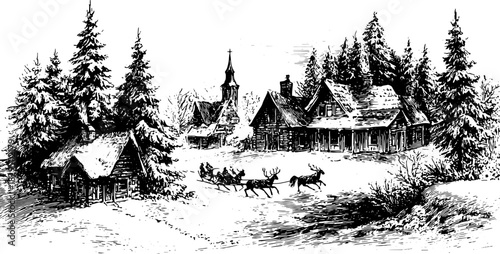 Winter landscape featuring houses and snow-covered trees. A detailed vector illustration with a carriage drawn by reindeer, creating a classic rural scene.