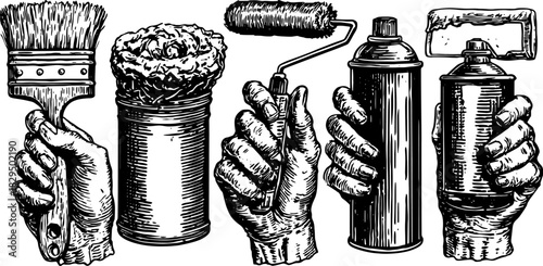 A set of painting tools, including a paintbrush, roller, and spray can held by hands. Black and white vector illustration in vintage style.