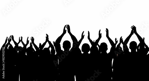 Silhouette of cheering crowd celebrating success with raised hands.
