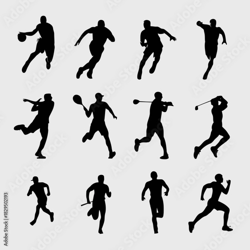 Silhouettes of athletes performing various sports activities including basketball, running, and baseball isolated on