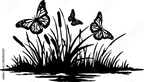 Butterfly and grass outline illustration in vintage style. This black and white vector design showcases natural elements in a simple and elegant set.