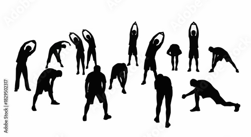 A collection of black silhouettes showing people in various stretching poses.