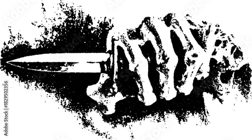 Skeleton hand holding a knife in a monochrome vector illustration. This creepy artwork has fine detail and a dark tone.