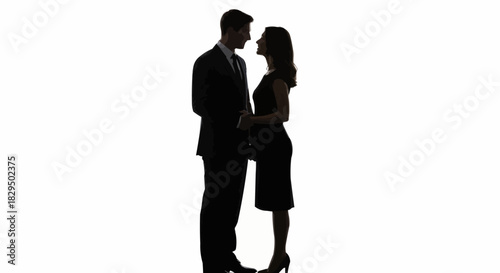 Silhouette of a couple in formal attire, facing each other intimately.