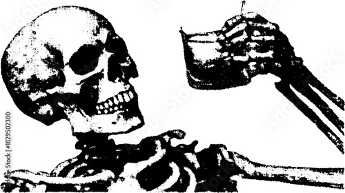 Skeleton with skull. Black and white vector illustration featuring a human bone structure in a vintage style set.