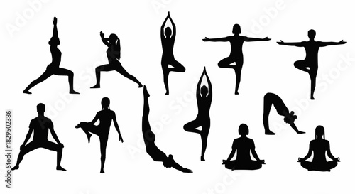 Collection of Silhouetted Yoga Poses Demonstrating Flexibility and Balance.