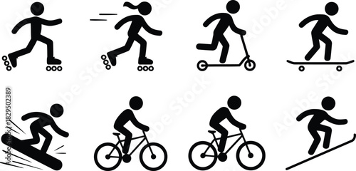 People engaging in various recreational activities like skating, scootering, skateboarding, snowboarding, cycling, and skiing