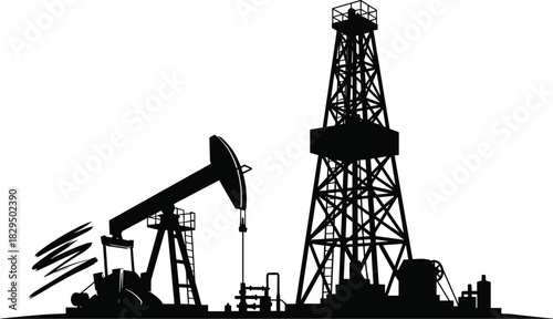Oil Drilling Rig and Pump Jack Silhouette, Black Vector Graphic of Industrial Machinery for Petroleum Extraction, symbolizing Energy Production and Fossil Fuel Industry