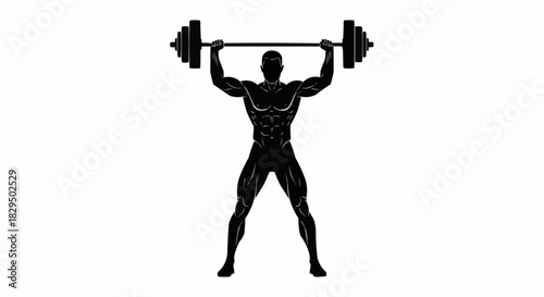 Silhouette of a Muscular Man Lifting a Heavy Barbell Overhead.