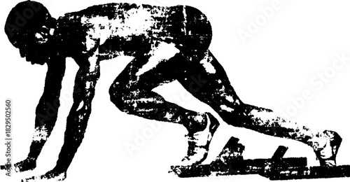 Runner in sprint position. Dynamic black-and-white vector illustration showcasing athlete's motion and speed.