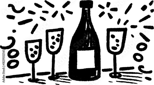 Bottle of champagne with glasses and sparklers. Black and white vector illustration for celebration set, simple and flat design.