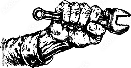 Hand holding a wrench. Bold graphic vector illustration depicting a robust tool in a mechanical context as a set.