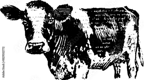 Black and white cow silhouette in vintage style. Simple graphic vector illustration for agricultural themes, showcasing details in a stylized form.