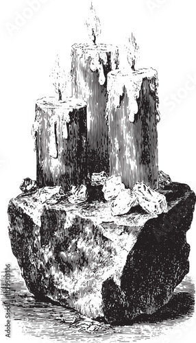 Set of melting candles with visible flames, wax drips, and stone base in black and white vintage style. Detailed vector illustration.