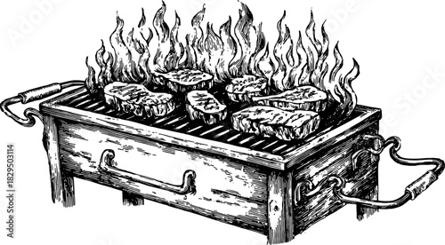 Grill with steaks over flames in an engraving style. Detailed vector illustration for kitchen or cookingware concepts.