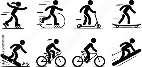 Silhouetted figures engaging in various recreational activities including inline skating, scootering, skateboarding, snowboarding, cycling, and skiing