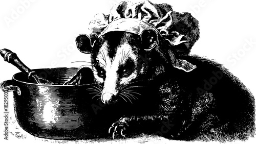 Possum chef in vintage engraving style. The illustration features the cute animal interacting with a pan in a charming kitchen set.