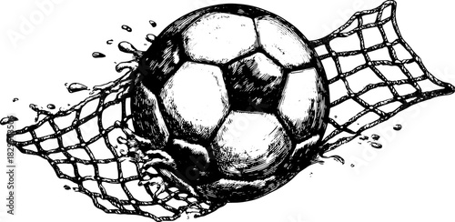 Vintage soccer ball set illustration with water splashes and a net. Detailed outline vector art highlighting dynamic movement.