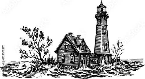 Lighthouse and house engraving art. Vintage vector illustration of a coastal landscape with waves and trees in a classic style.