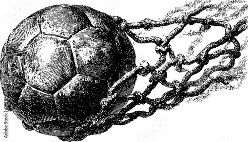 Soccer ball in motion, hitting the net. Detailed vintage vector illustration with an outline style. Graphic representation of sport.